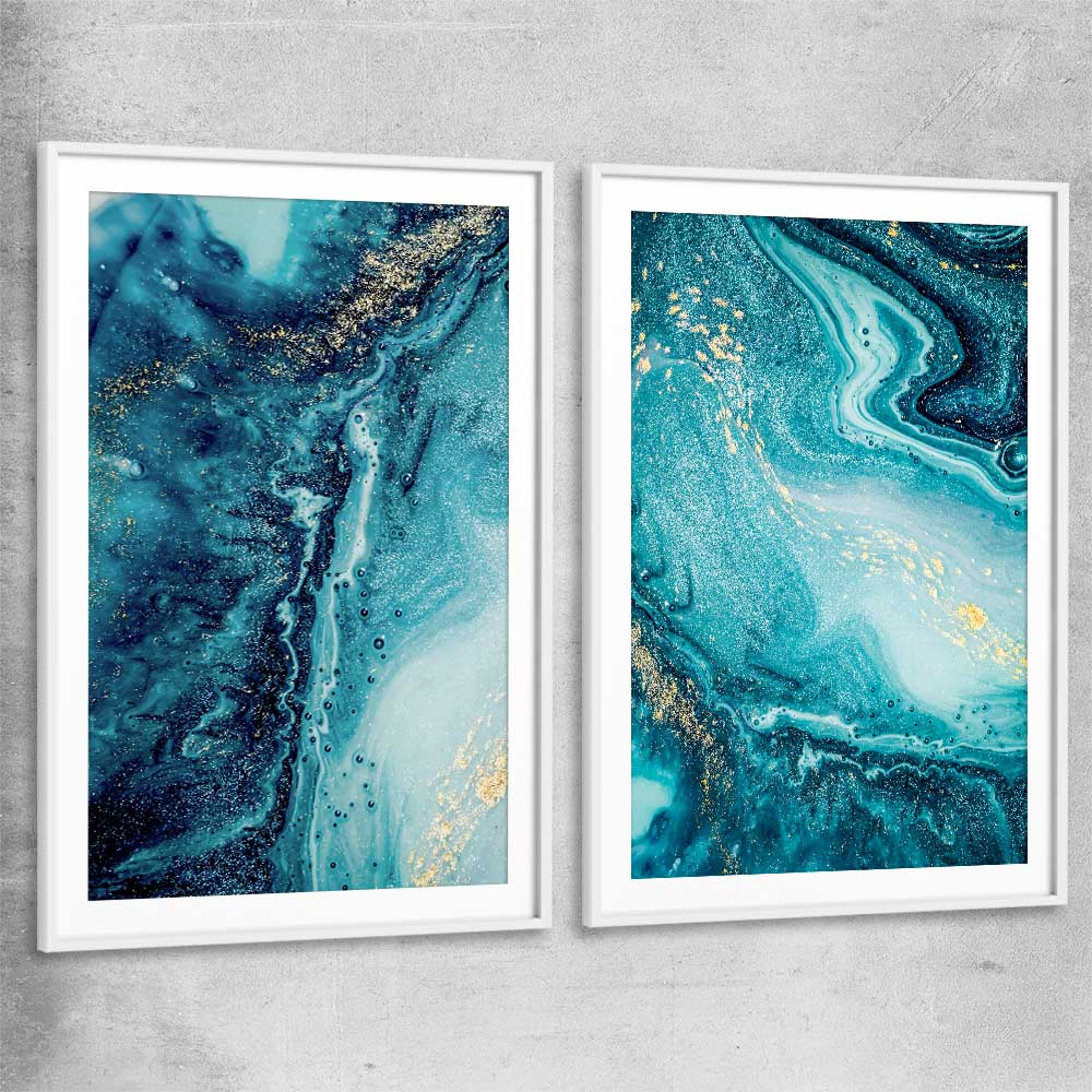 Turquoise Ocean Pair white glass front frame - part of our high quality canvas abstract wall art collection