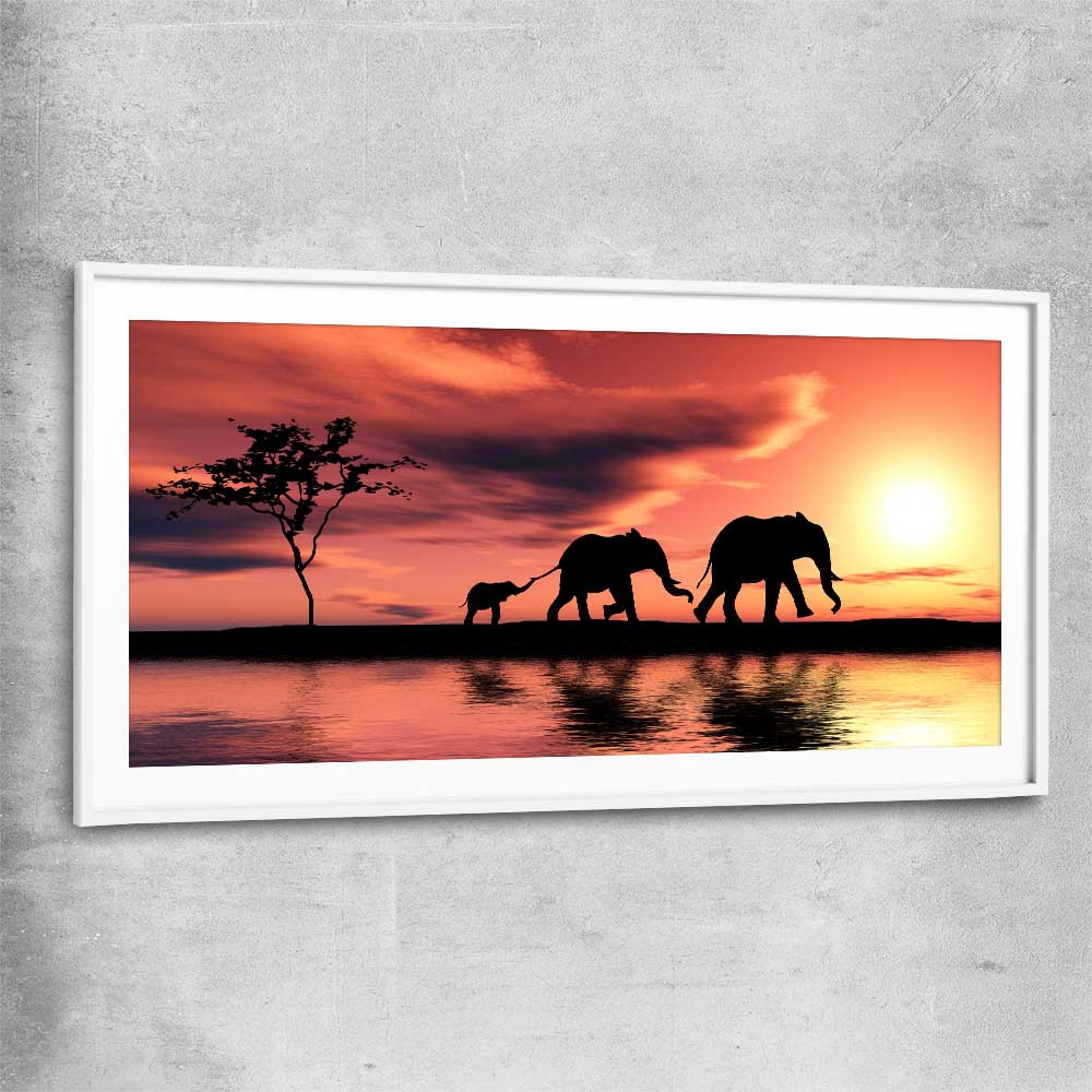Animal wall art and canvas prints of Elephant Family Dawn with white glass front frame