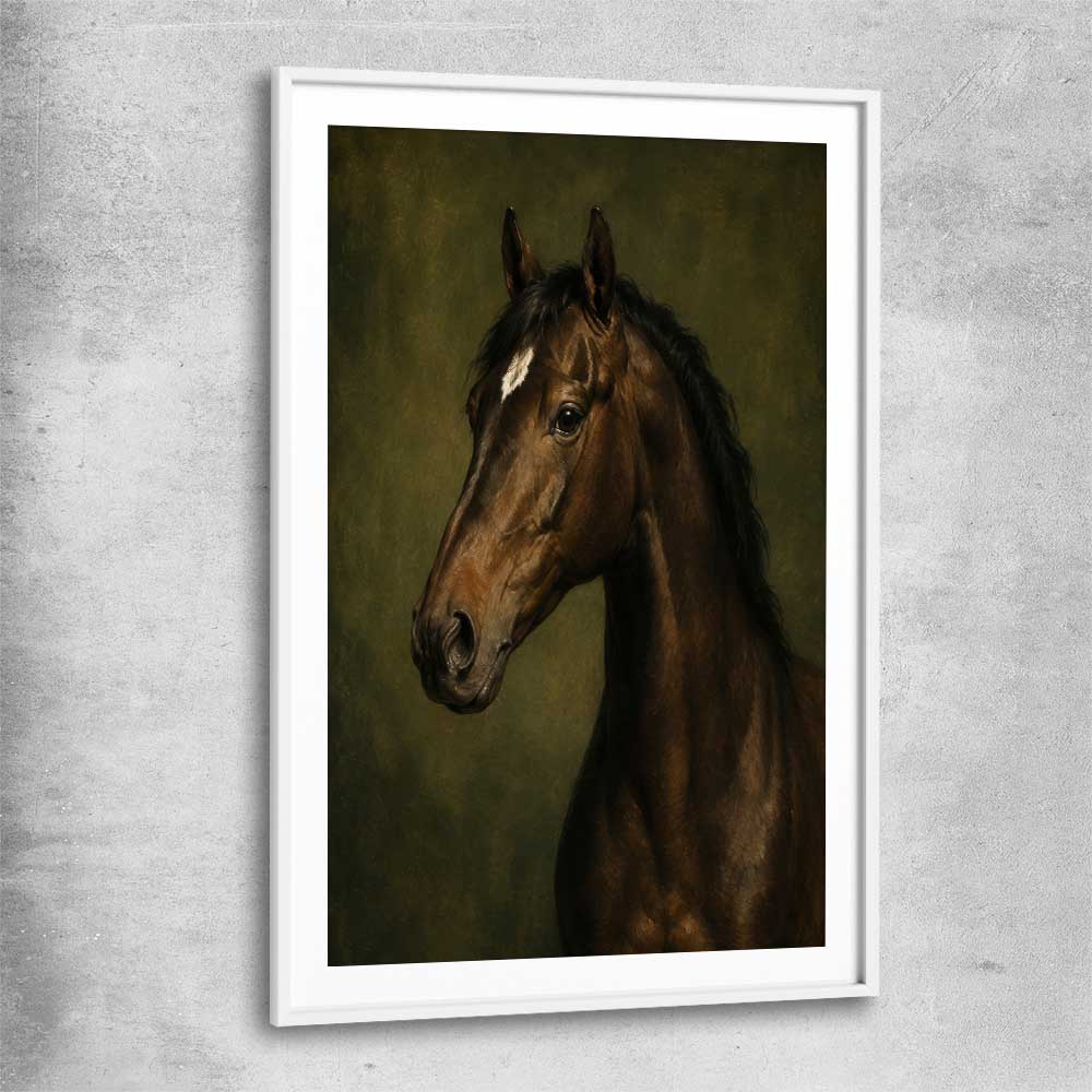 Animal wall art and canvas prints of Midnight Stallion with white glass front frame