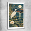 Animal wall art and canvas prints of Moonlit Heron with white glass front frame