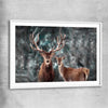 Animal wall art and canvas prints of Twin Highland Stags with white glass front frame