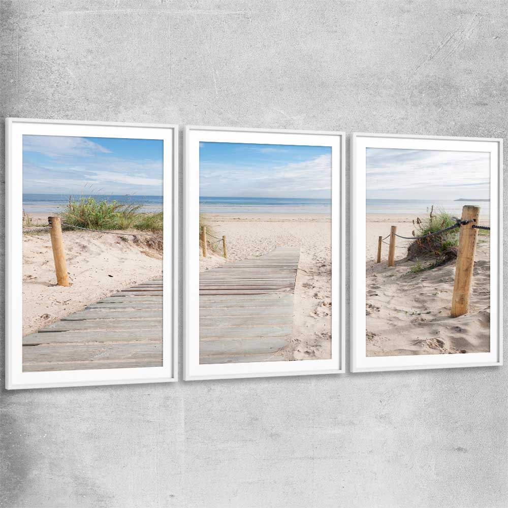 Beach and coastal wall art print of Beautiful Beach Path Set with white glass front frame