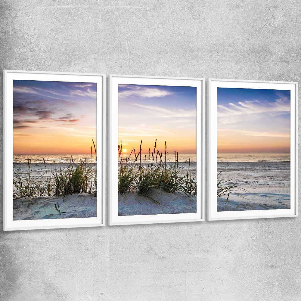 Beach and coastal wall art print of Calming Sunset Set with white glass front frame