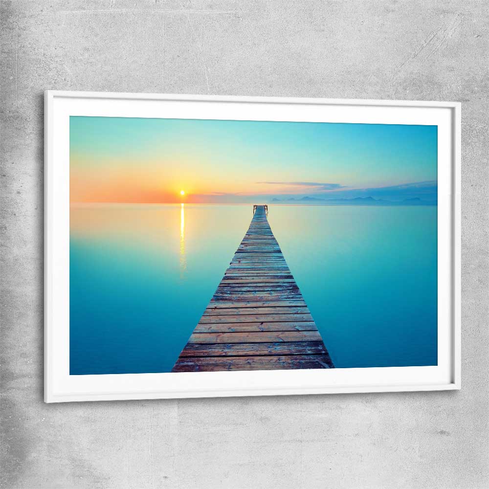 Beach and coastal wall art print of Endless Ocean Pier with white glass front frame