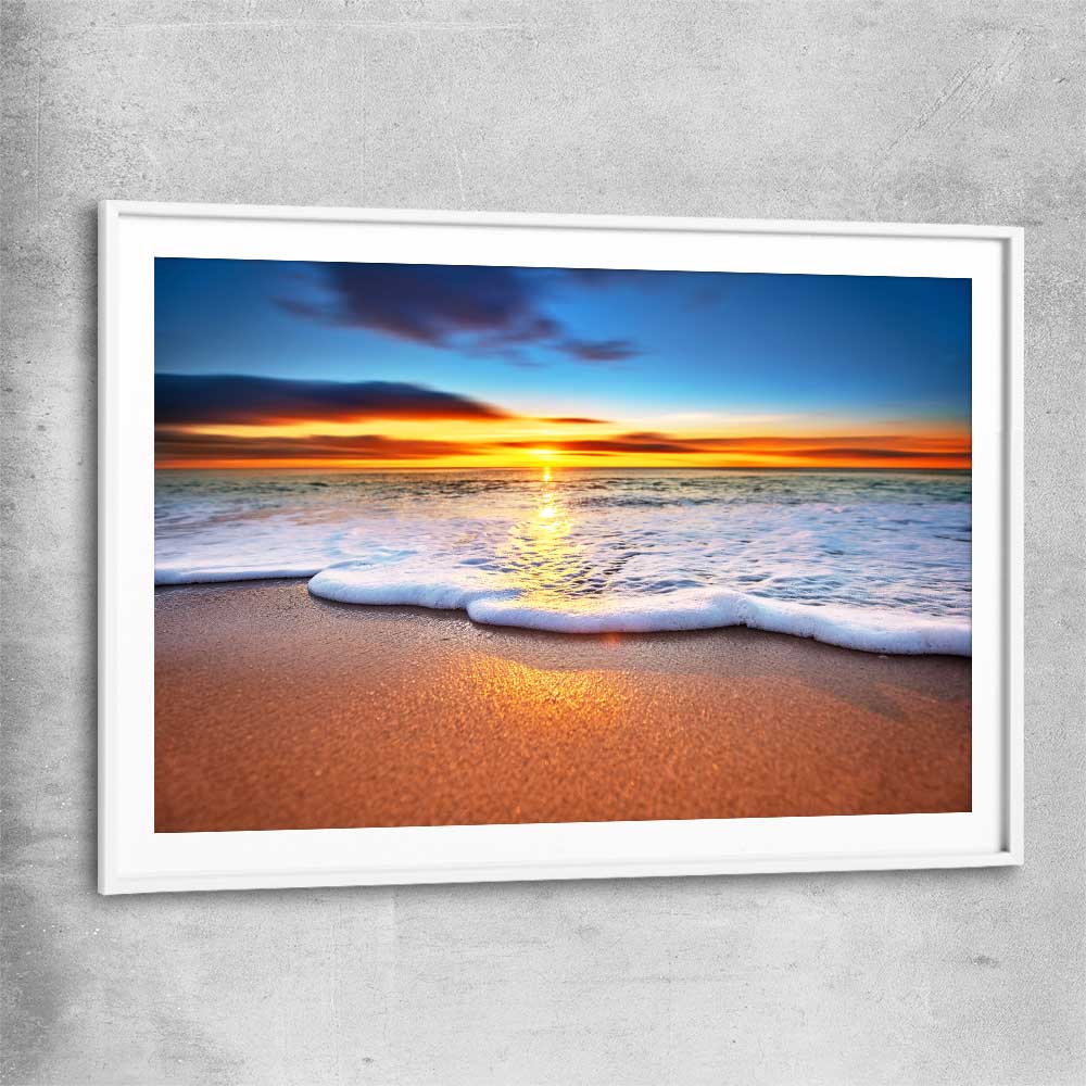 Beach and coastal wall art print of Radiant Ocean Sunset with white glass front frame