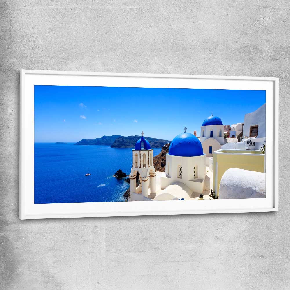 Beach and coastal wall art print of Santorini Cliffside with white glass front frame