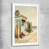 Beach and coastal wall art print of Seaside Surf Shack with white glass front frame