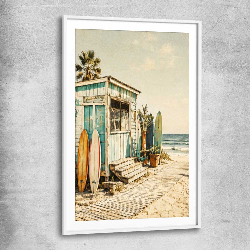 Beach and coastal wall art print of Seaside Surf Shack with white glass front frame