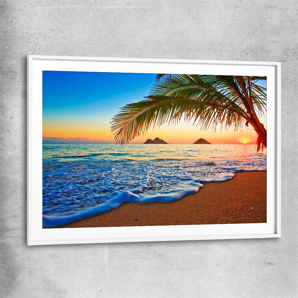 Beach and coastal wall art print of Tropical Sunset Shore with white glass front frame