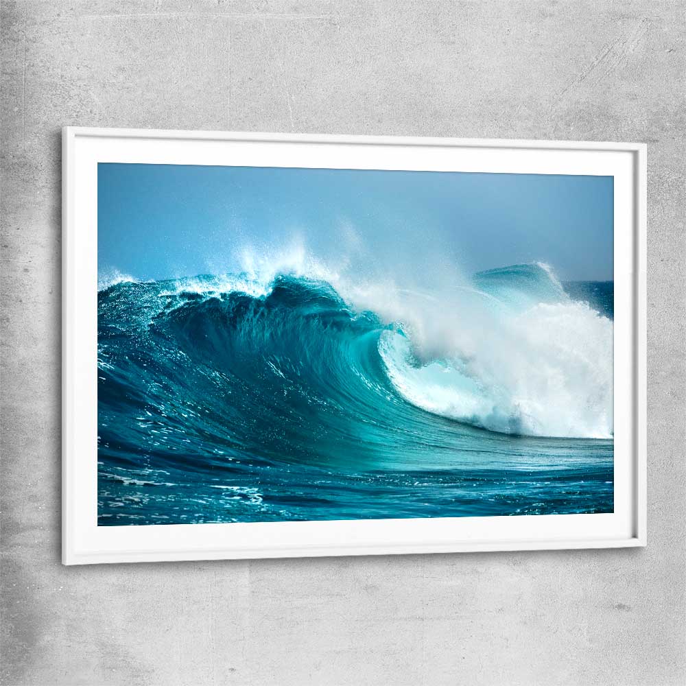 Beach and coastal wall art print of Turquoise Wave Break with white glass front frame