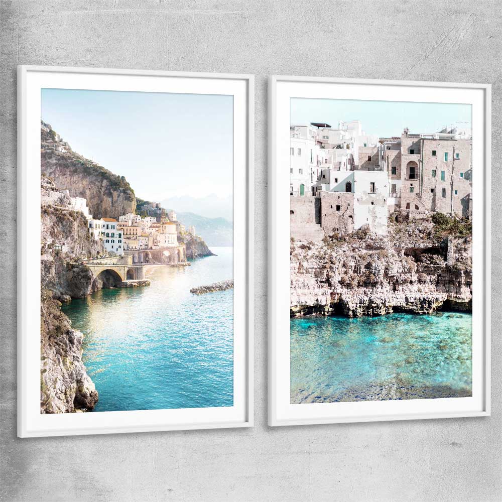 Beach and coastal wall art print of Amalfi Edge Pair with white glass front frame