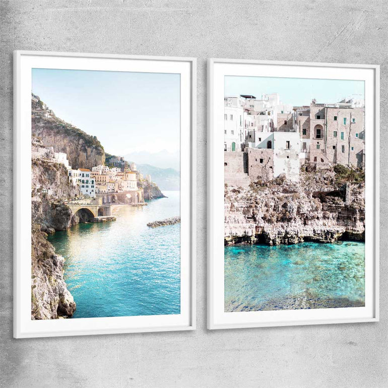 Beach and coastal wall art print of Amalfi Edge Pair with white glass front frame