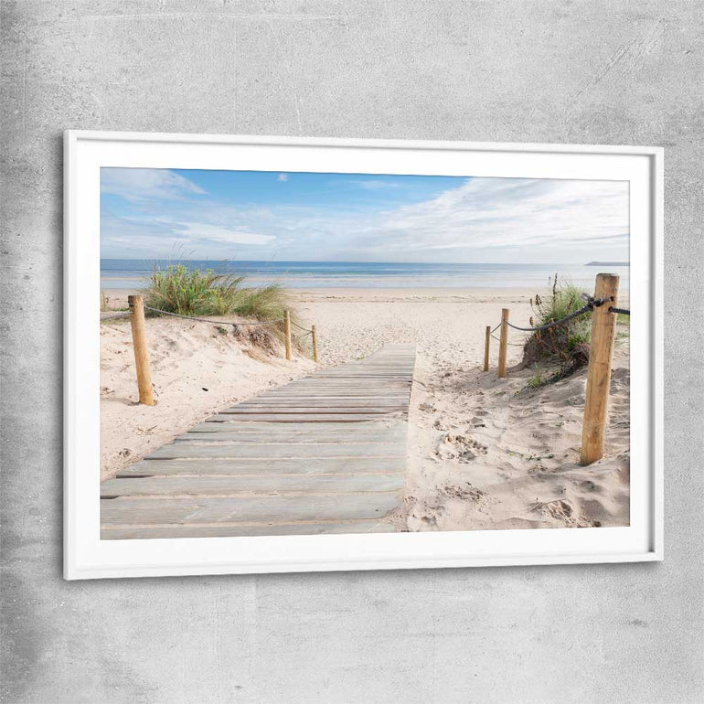 Beach and coastal wall art print of Beautiful Beach Path with white glass front frame