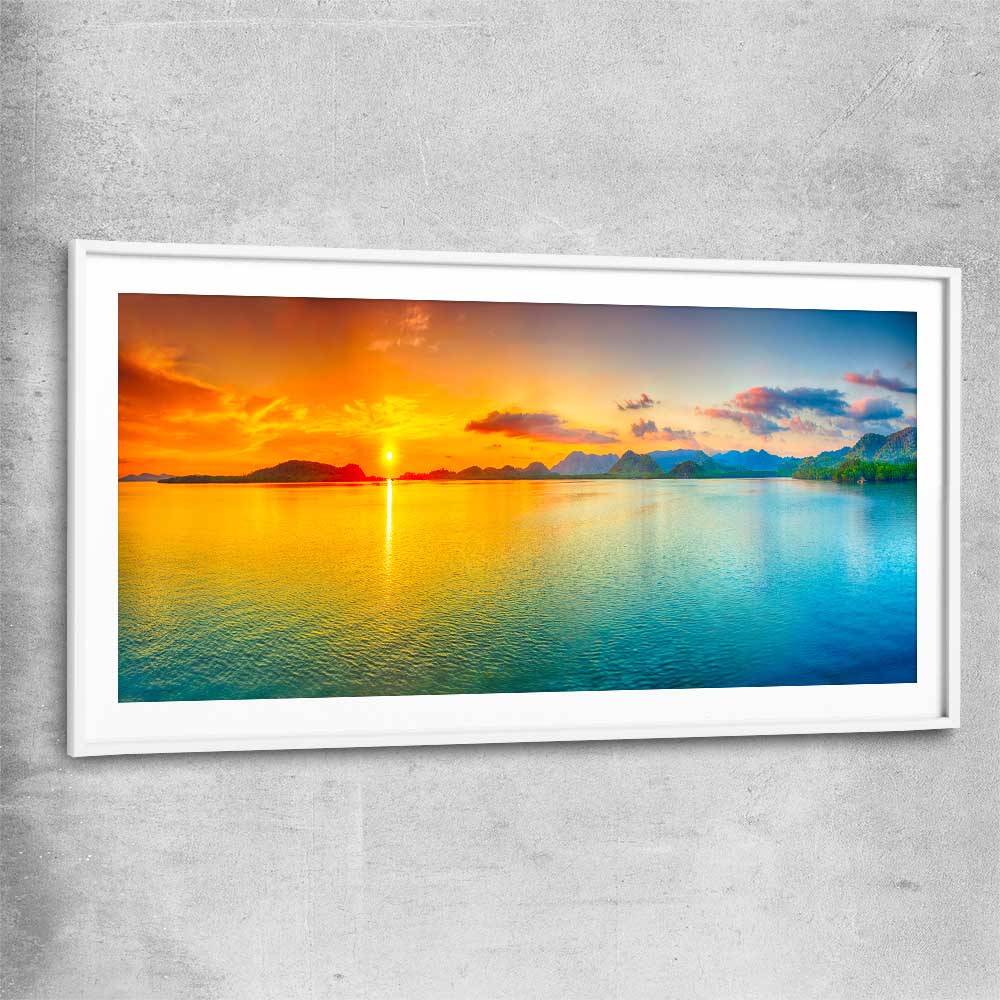 Beach and coastal wall art print of Beautiful Sunset with white glass front frame