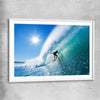 Beach and coastal wall art print of Blue Ocean Surfer with white glass front frame