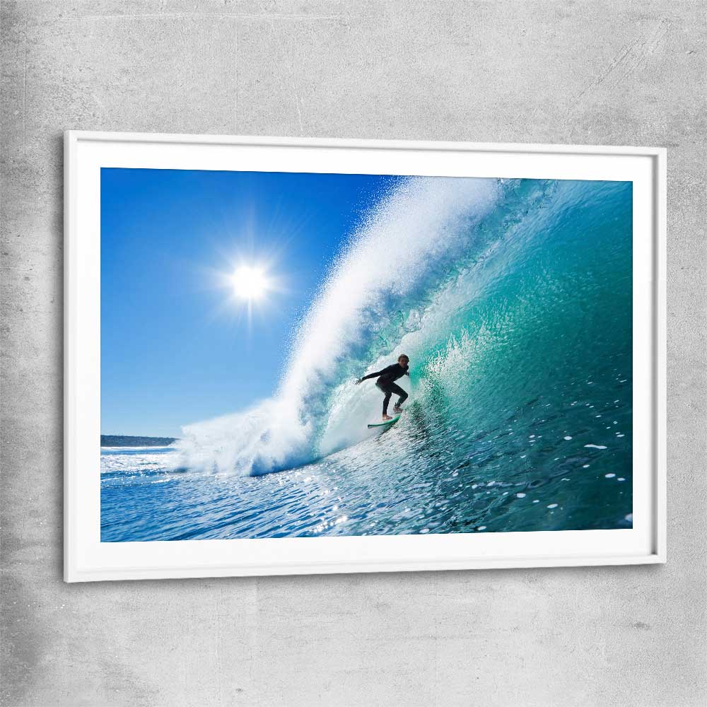 Beach and coastal wall art print of Blue Ocean Surfer with white glass front frame