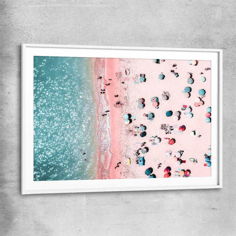 Beach and coastal wall art print of Bondi Pink Aerial with white glass front frame