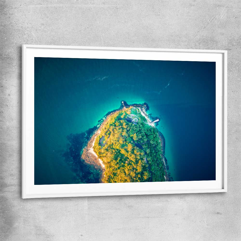 Beach and coastal wall art print of Bradleys Head Aerial with white glass front frame