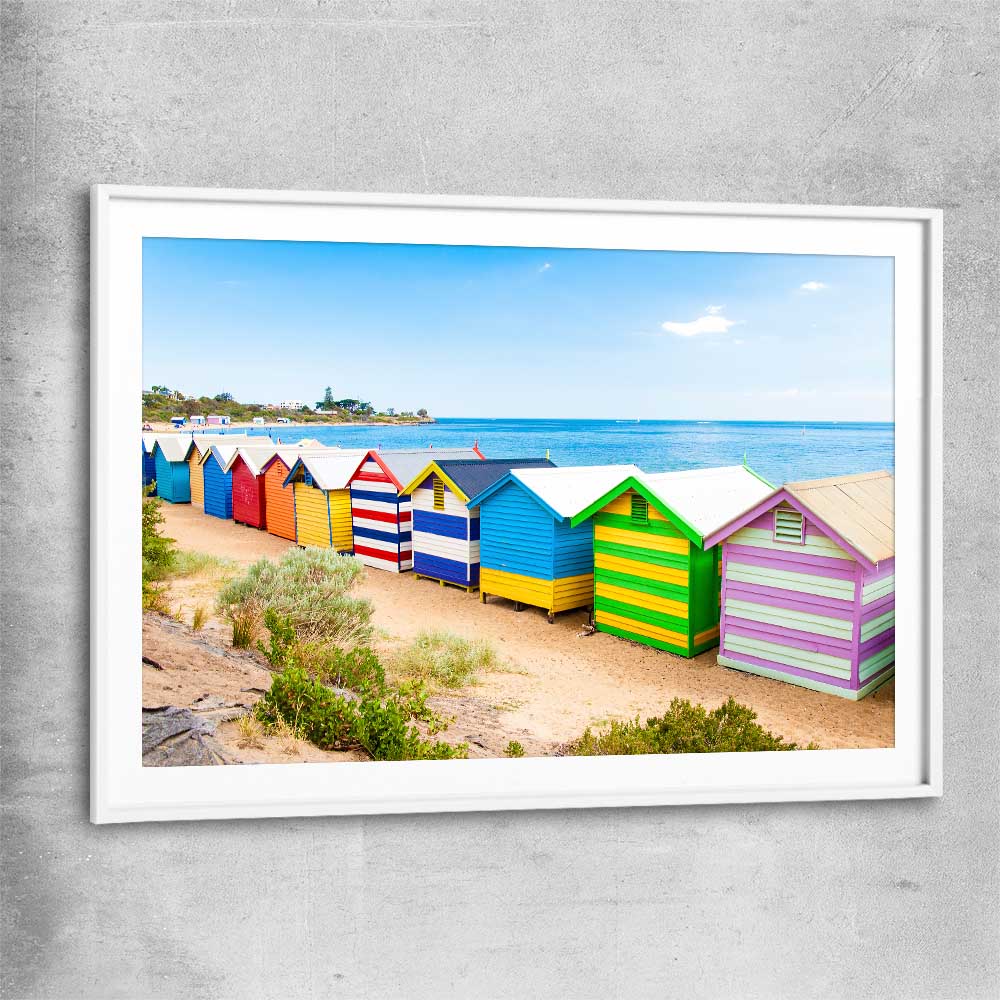 Beach and coastal wall art print of Brighton Beach Australia with white glass front frame