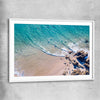 Beach and coastal wall art print of Byron Bay Rocks with white glass front frame