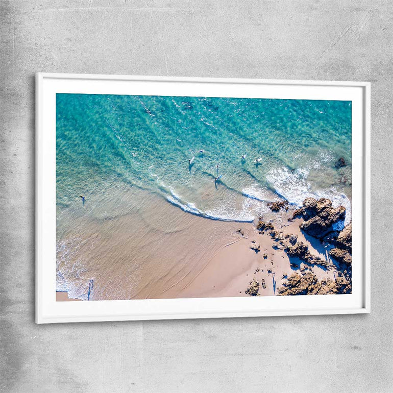 Beach and coastal wall art print of Byron Bay Rocks with white glass front frame