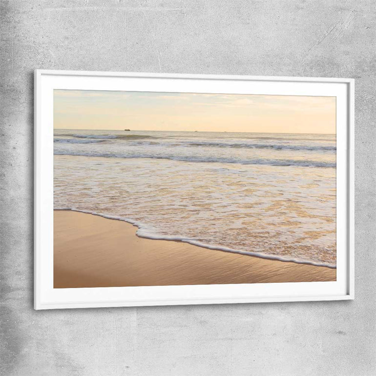Beach and coastal wall art print of Calm Tides with white glass front frame