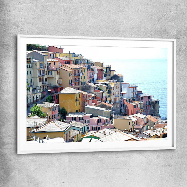 Beach and coastal wall art print of Cinque Terre with white glass front frame