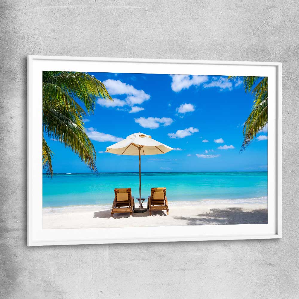 Beach and coastal wall art print of Coastal Retreat with white glass front frame