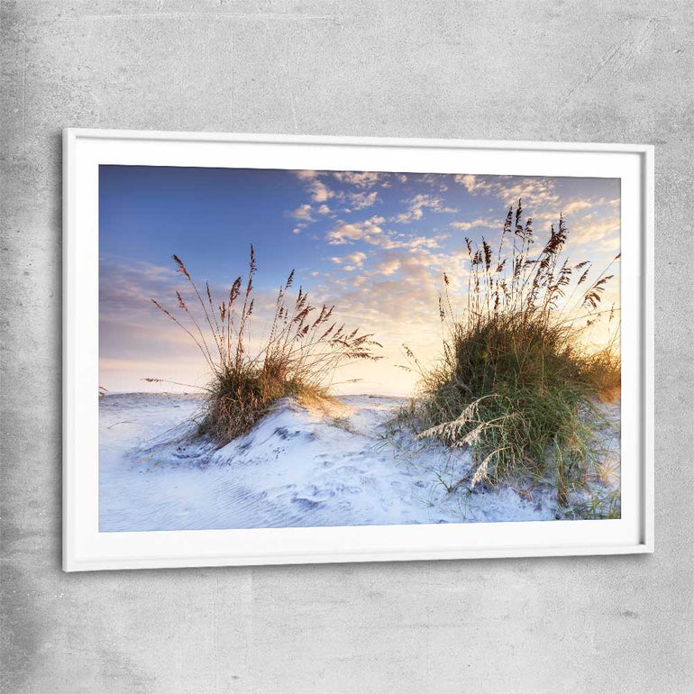 Beach and coastal wall art print of Coastal Sunrise with white glass front frame