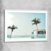 Beach and coastal wall art print of Combi Van Palms with white glass front frame
