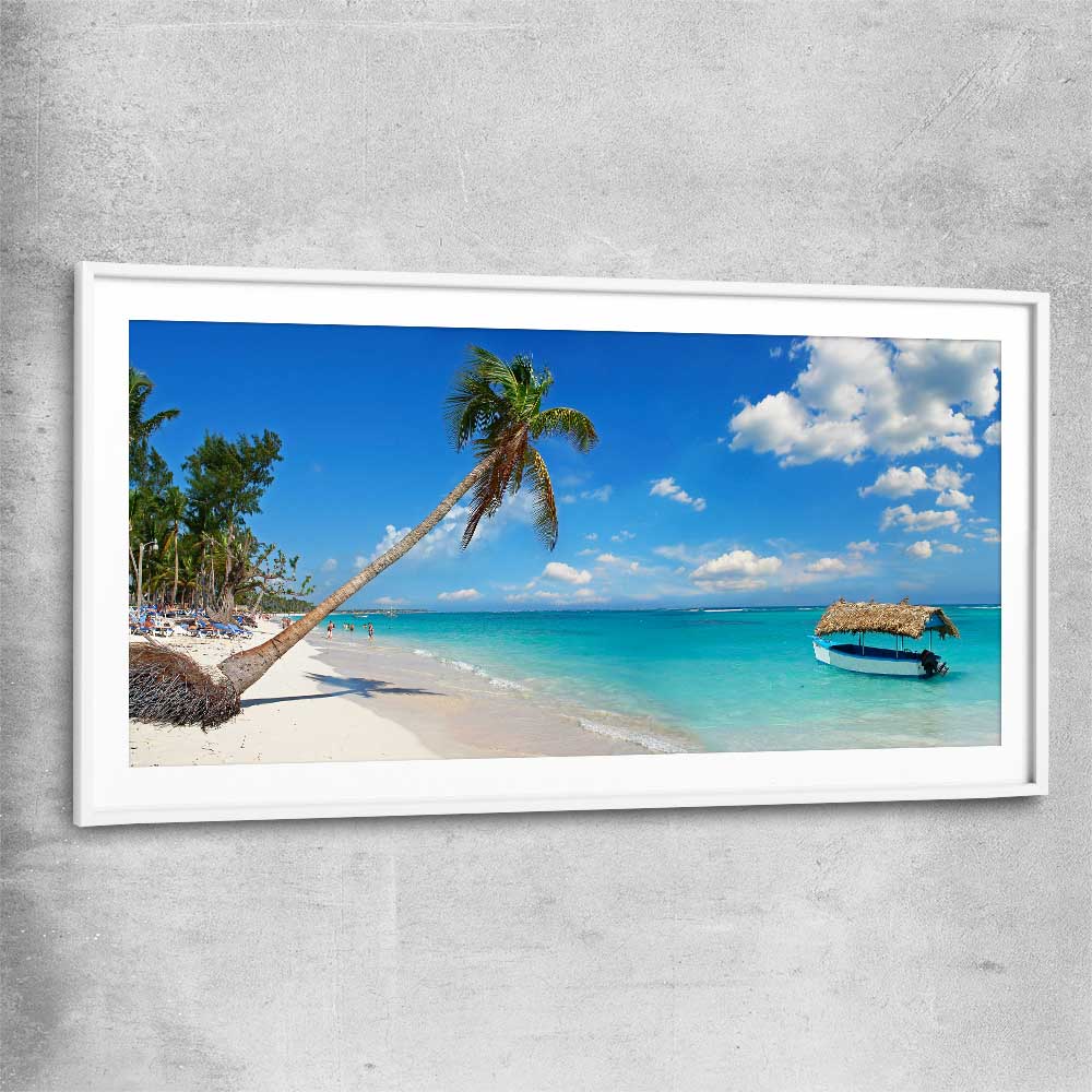 Beach and coastal wall art print of Dominican Republic Beach with white glass front frame