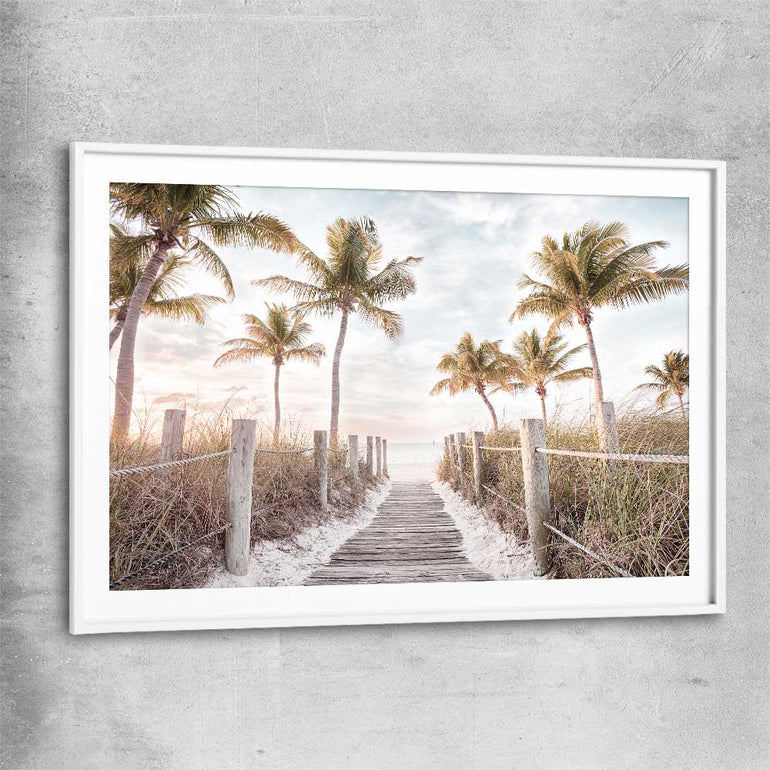 Beach and coastal wall art print of Florida Sunrise with white glass front frame