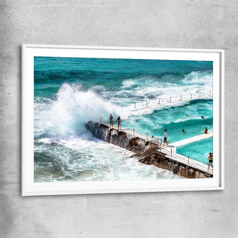 Beach and coastal wall art print of Freezing Icebergs with white glass front frame