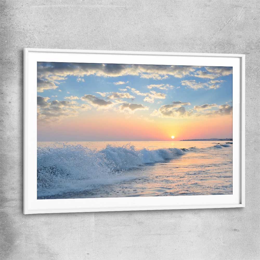 Beach and coastal wall art print of Gentle Tide at Dusk with white glass front frame