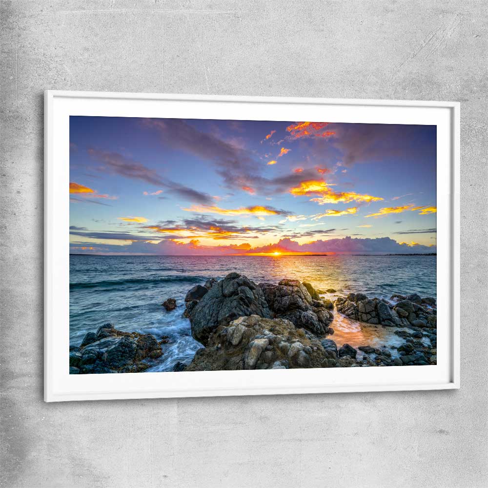 Beach and coastal wall art print of Golden Coast Horizon with white glass front frame
