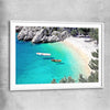 Beach and coastal wall art print of Hidden Beach with white glass front frame