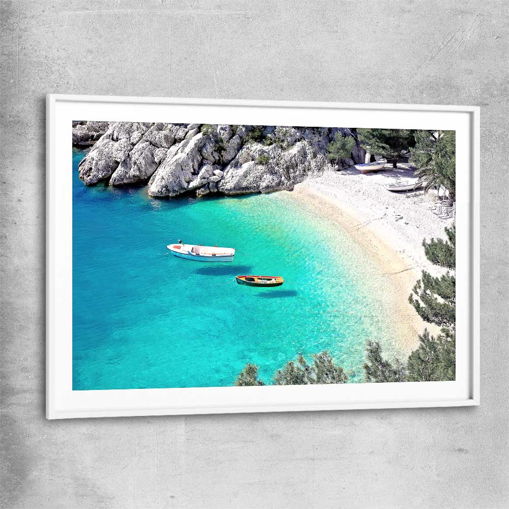 Beach and coastal wall art print of Hidden Beach with white glass front frame