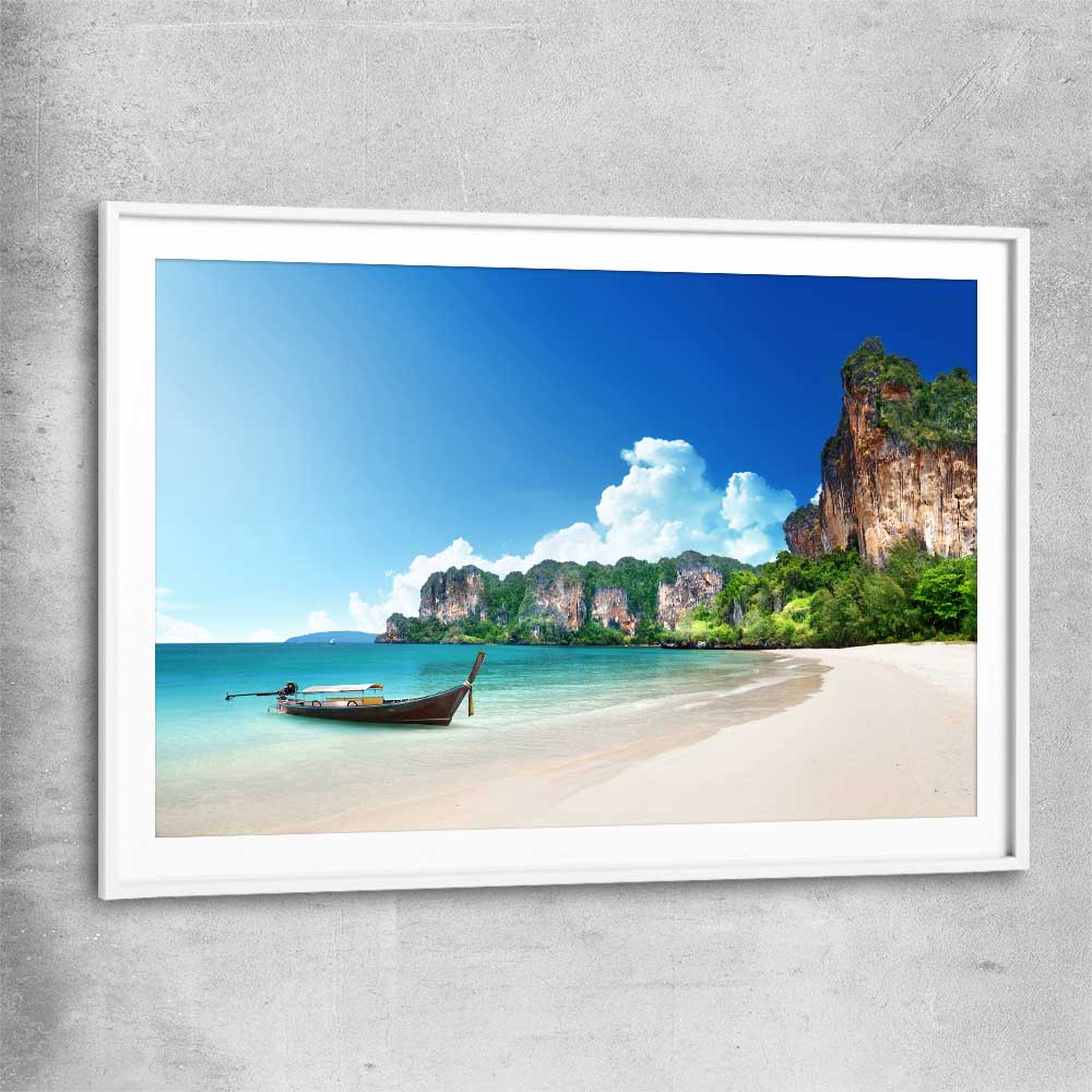 Beach and coastal wall art print of Hidden Lagoon Escape with white glass front frame