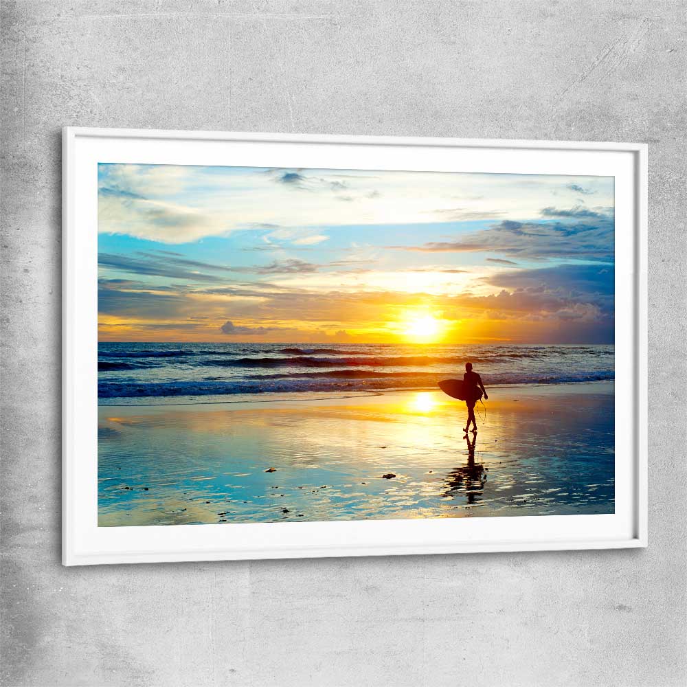 Beach and coastal wall art print of Last Surf at Sunset with white glass front frame