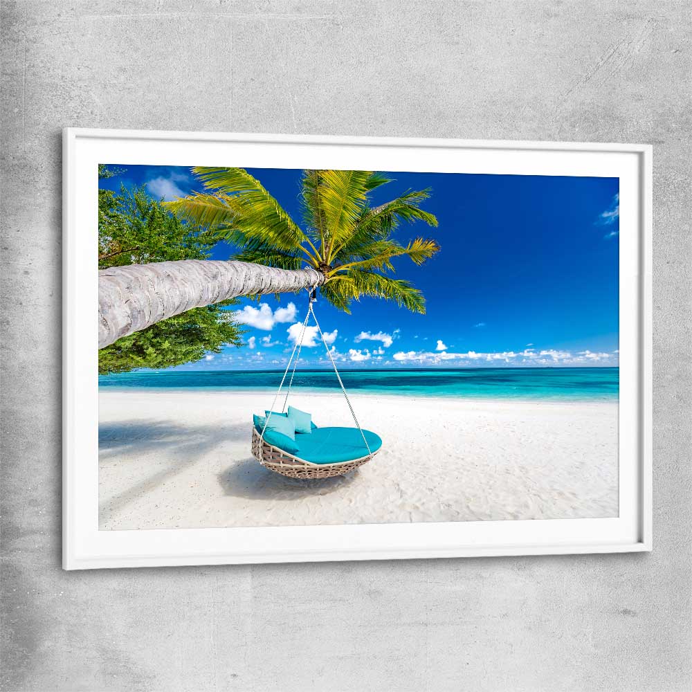 Beach and coastal wall art print of Paradise Swing with white glass front frame