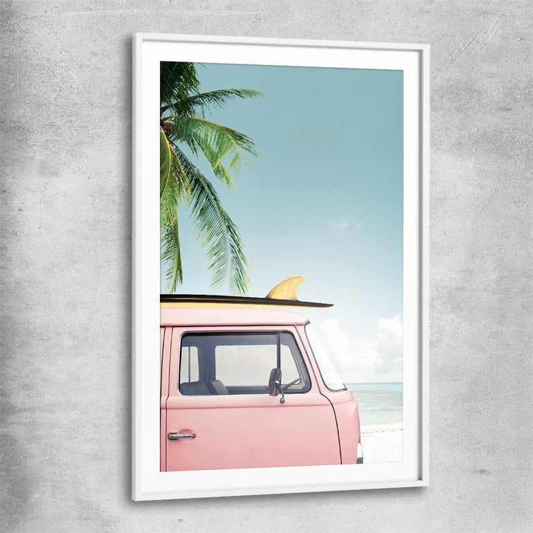 Beach and coastal wall art print of Pink Combi with white glass front frame