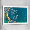 Beach and coastal wall art print of Point Piper Piers with white glass front frame