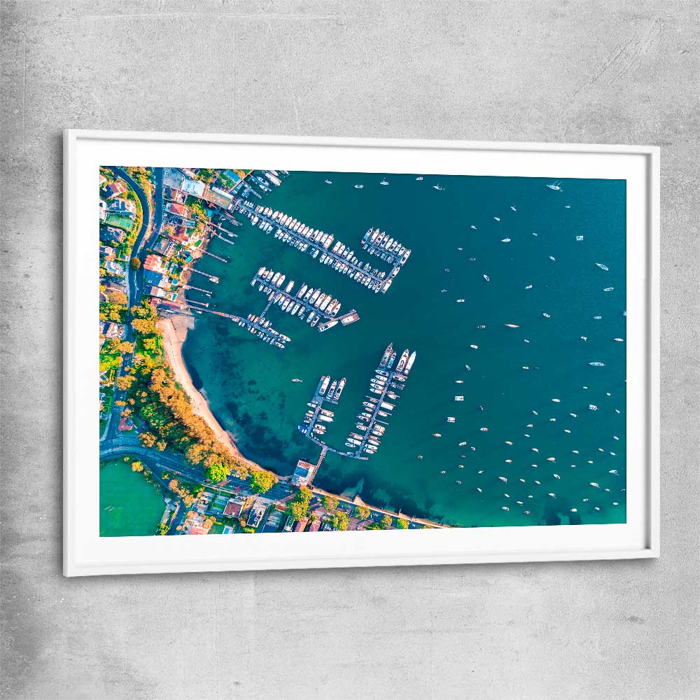 Beach and coastal wall art print of Point Piper Piers with white glass front frame