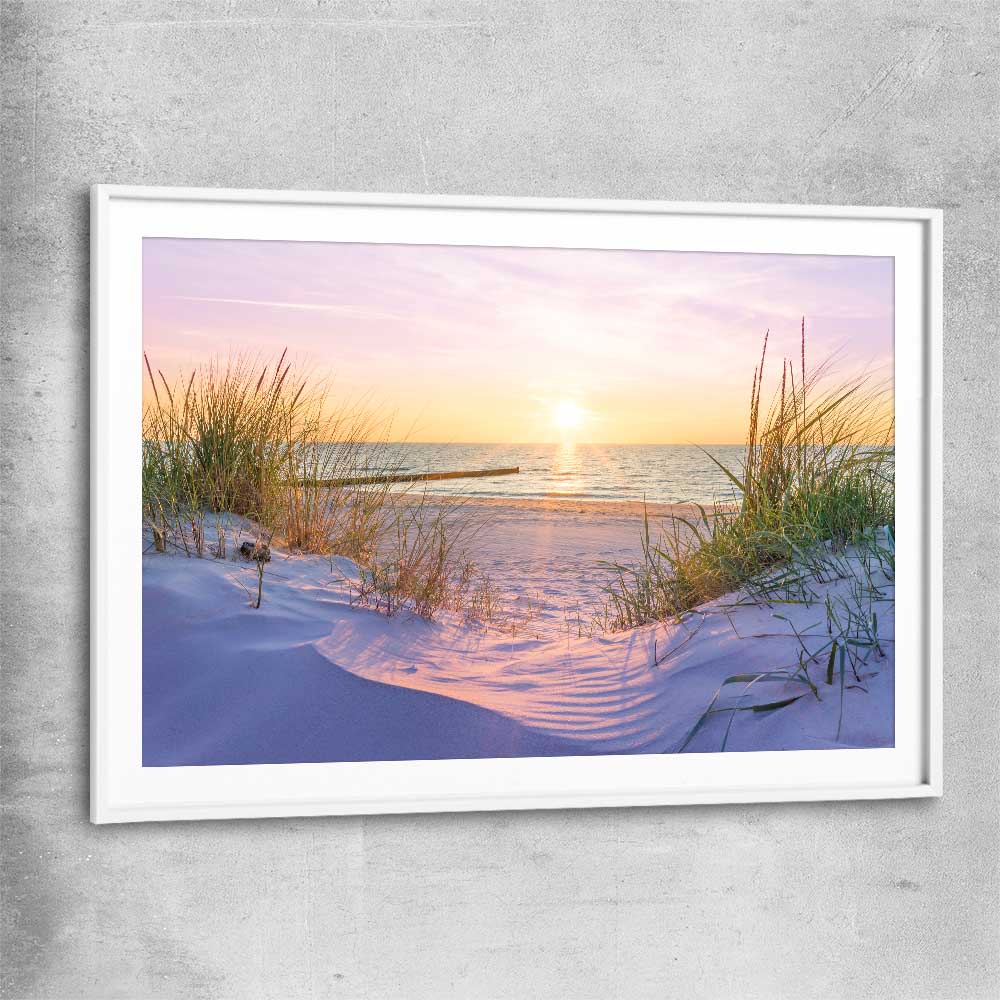 Beach and coastal wall art print of Pristine Beach Sunset with white glass front frame