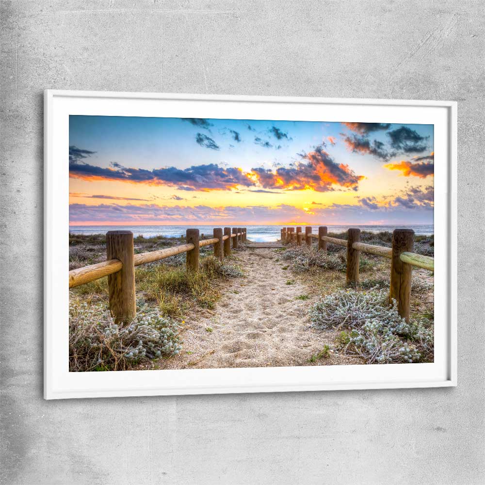 Beach and coastal wall art print of Quiet Sunset Walk with white glass front frame