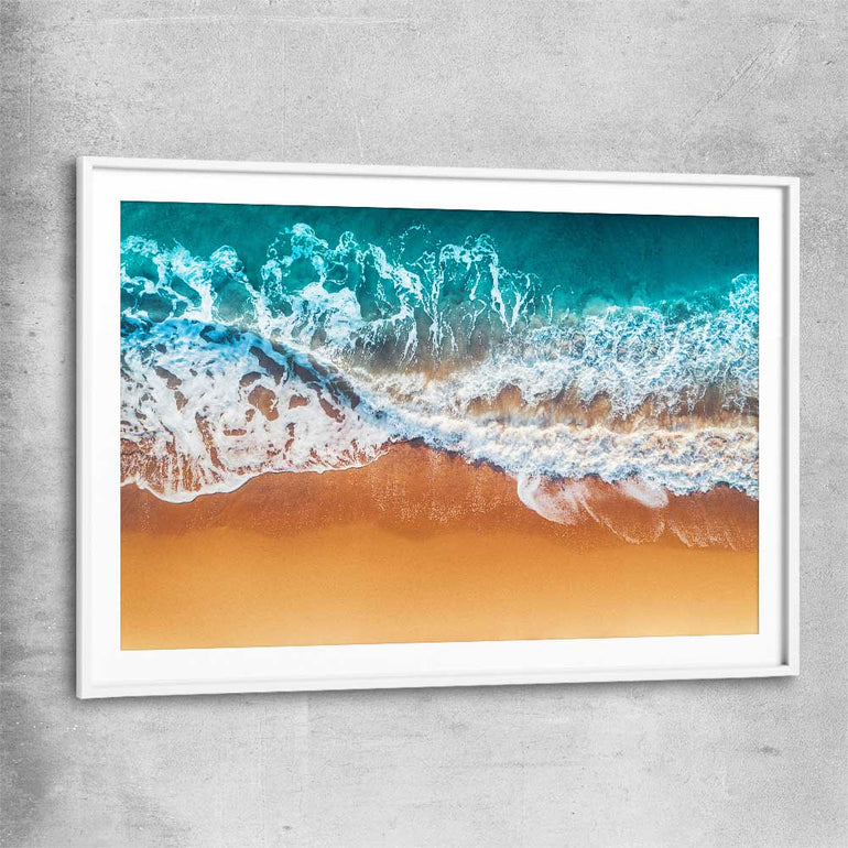 Beach and coastal wall art print of Sandy Waves with white glass front frame