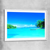 Beach and coastal wall art print of Serene Island Waters with white glass front frame