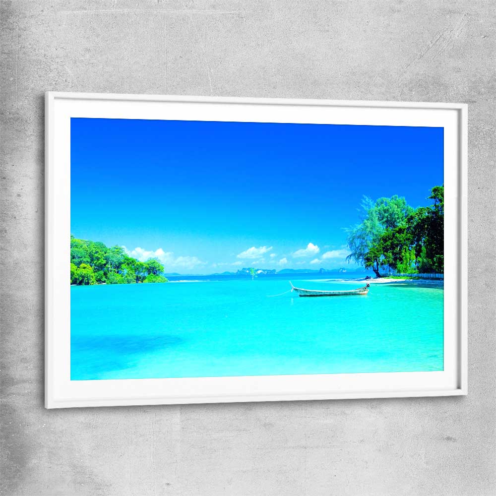 Beach and coastal wall art print of Serene Island Waters with white glass front frame