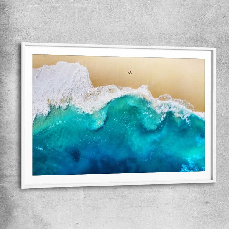 Beach and coastal wall art print of Summer Waves with white glass front frame