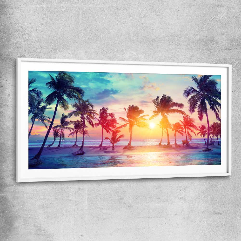 Beach and coastal wall art print of Sunset Palm Glow with white glass front frame